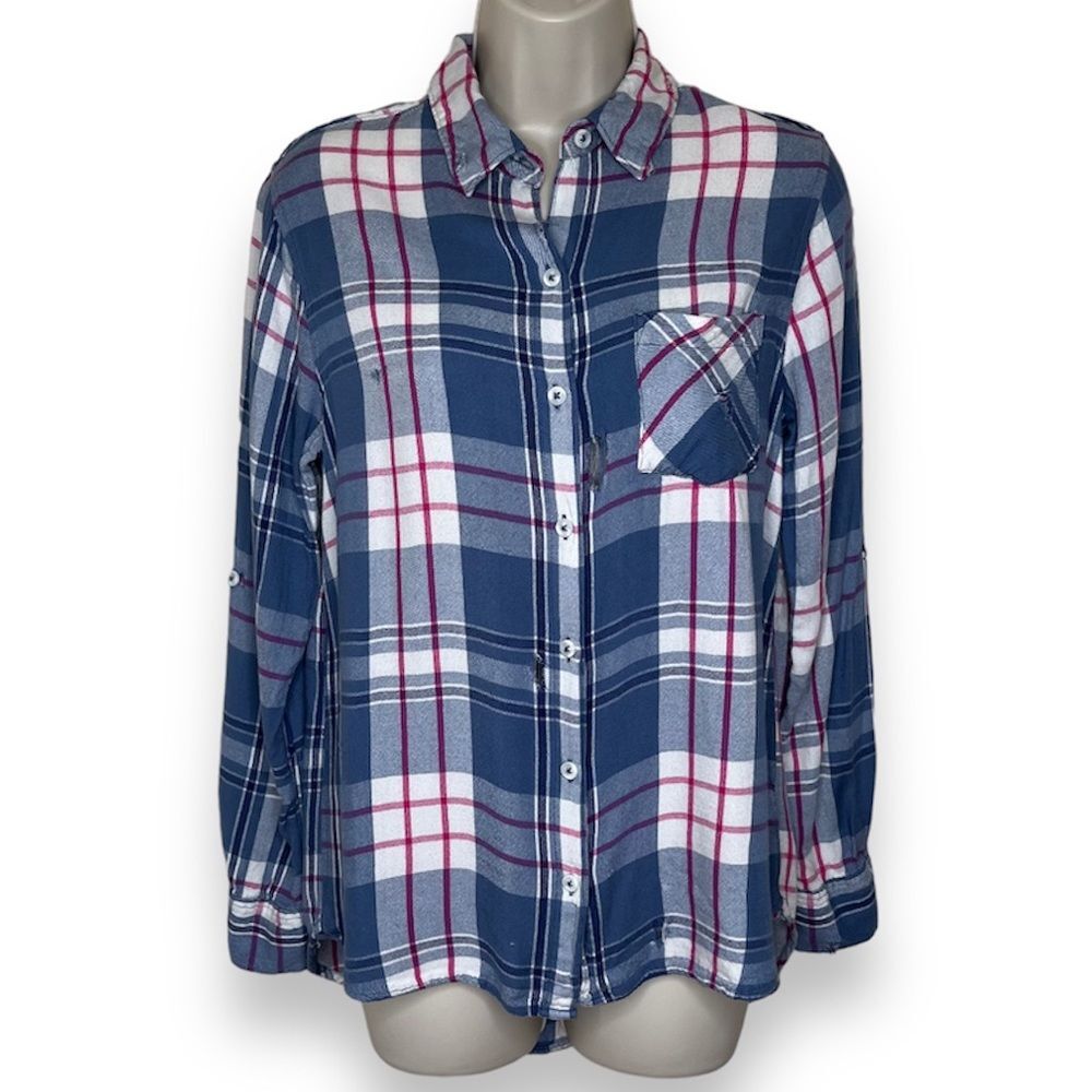 Woolrich Distressed Plaid Flannel Button Up Long Sleeve Roll Tab Women Medium